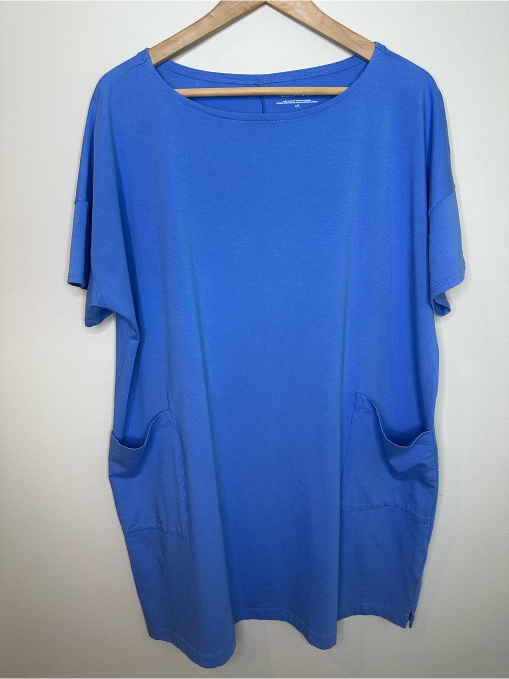 Eileen Fisher Short Sleeve Knit Dress in Cornflower Blue Patch Pockets EUC Large